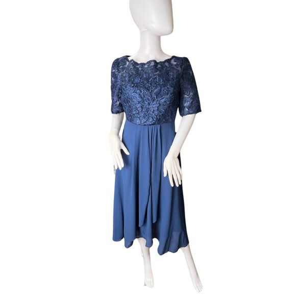 TS Conture Dress S Navy Blue Tea Length Embroidered Lace Bodice Chiffon Skirt - Picture 4 of 14